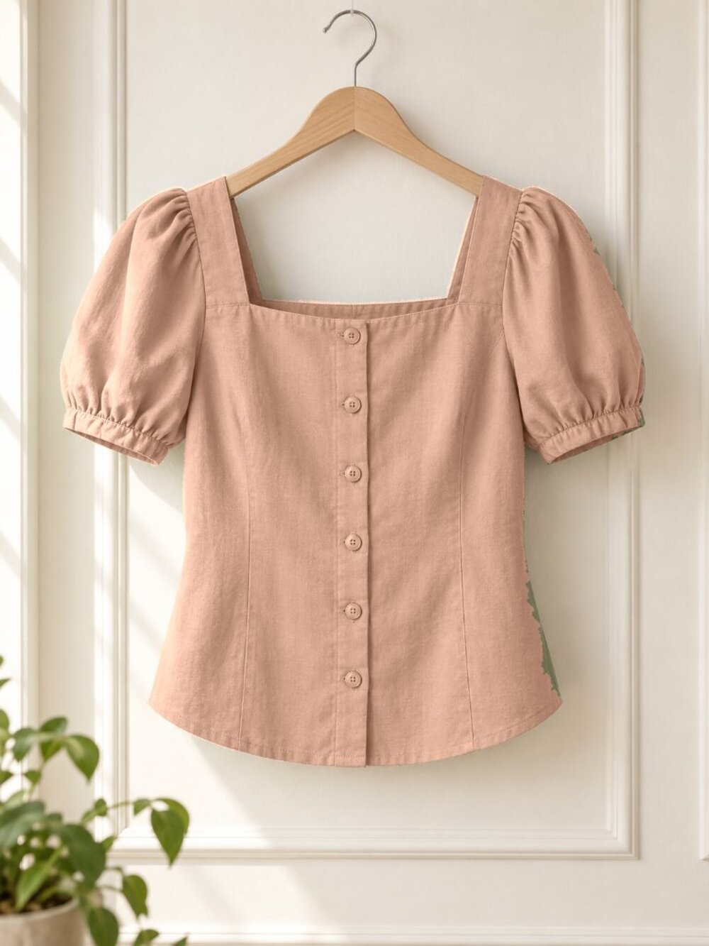 Title: Women's Soft Vermilion Square Neck Puff Sleeve Button Front Blouse